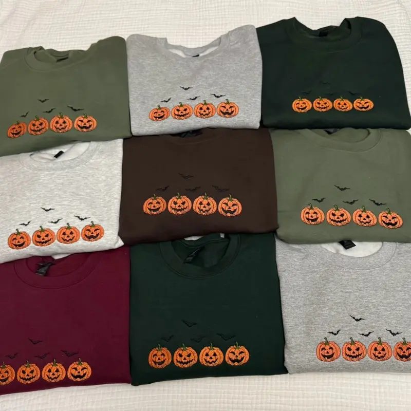 Embroidered Jack-O-Lantern Pumpkin Sweatshirt, Real Stitch Halloween Crewneck, Spooky Season Gift for Her - photo 3