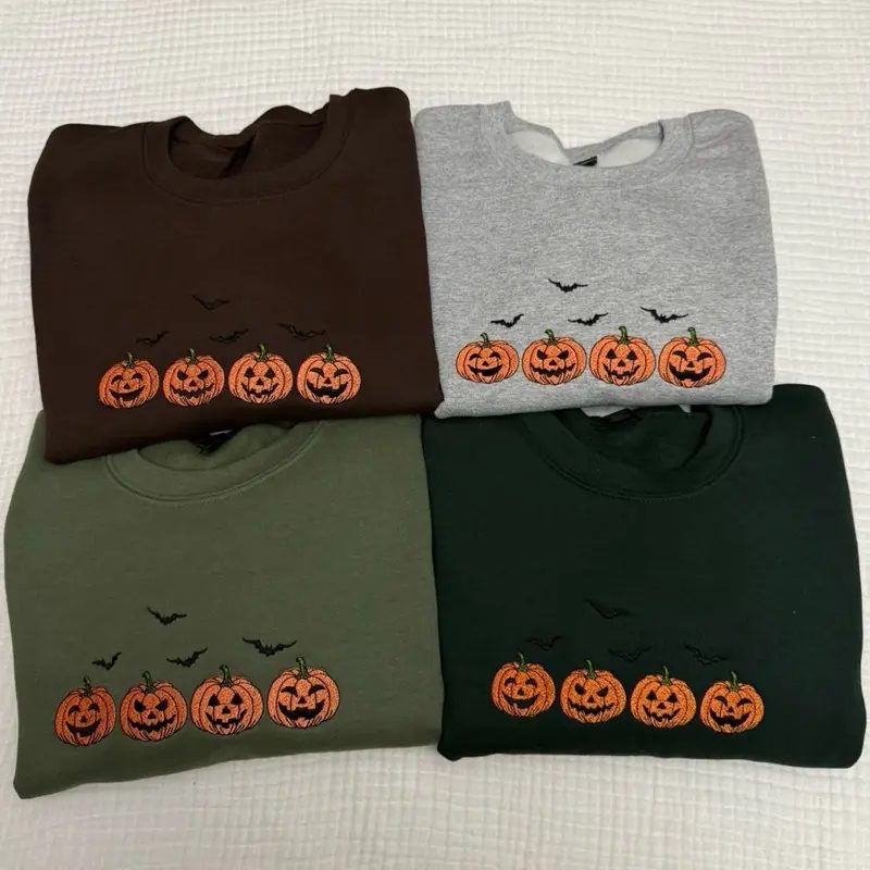 Embroidered Jack-O-Lantern Pumpkin Sweatshirt, Real Stitch Halloween Crewneck, Spooky Season Gift for Her - photo 4