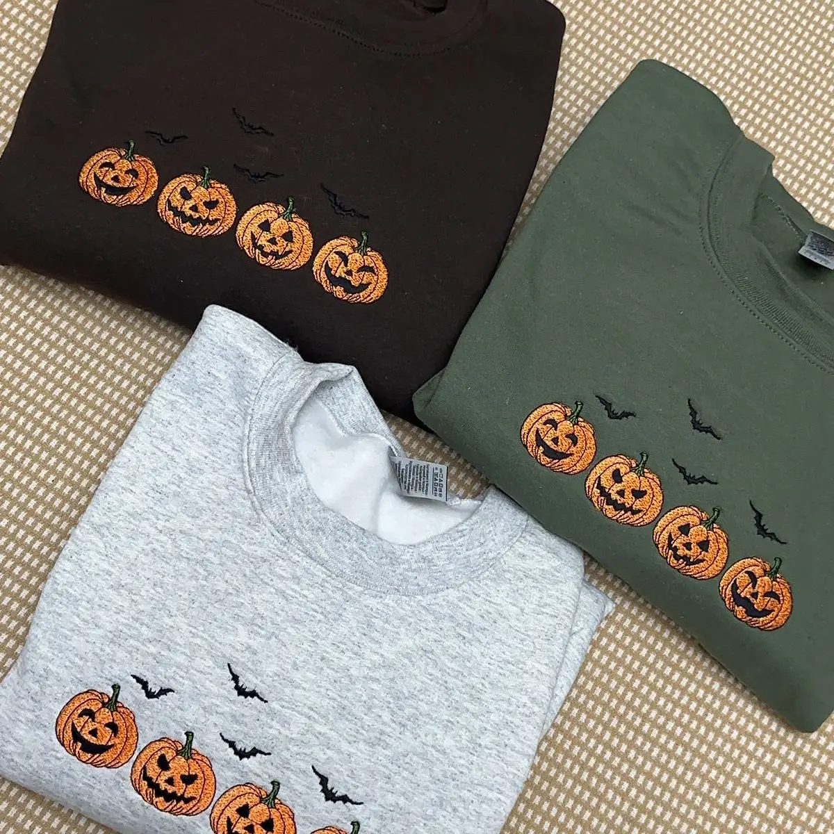 Embroidered Jack-O-Lantern Pumpkin Sweatshirt, Real Stitch Halloween Crewneck, Spooky Season Gift for Her - photo 5