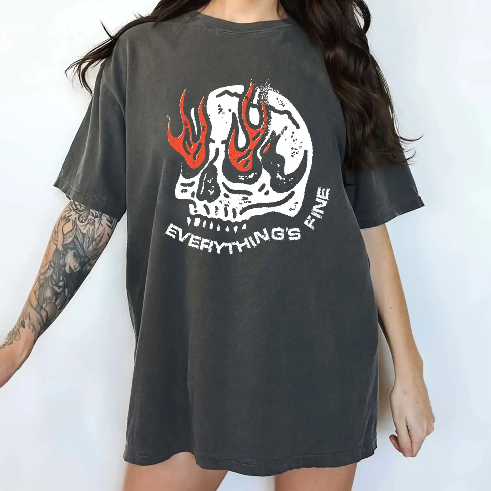 Everything's Fine Flaming Skull Shirt, Funny Halloween Shirt, Halloween Party Tee for Coworkers