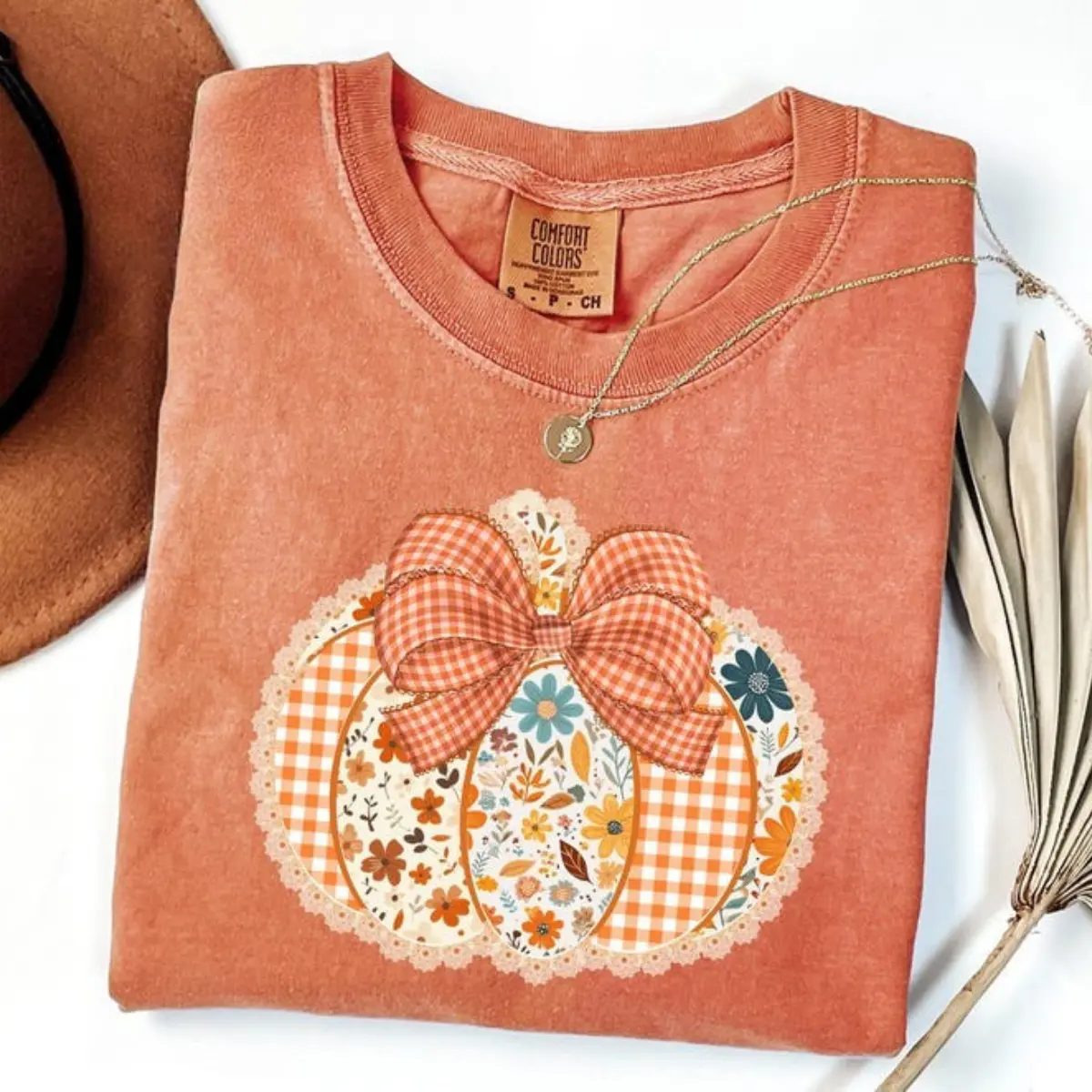 Comfort Colors Floral Pumpkin Shirt, Gingham Patchwork Pumpkin Tee, Cute Fall Shirt Gift for Her