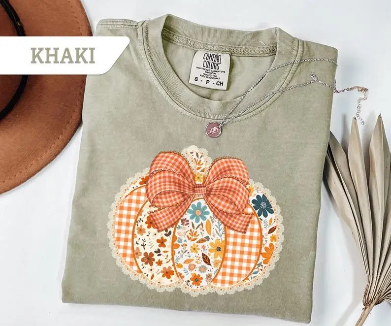 Comfort Colors Floral Pumpkin Shirt, Gingham Patchwork Pumpkin Tee, Cute Fall Shirt Gift for Her — photo 3