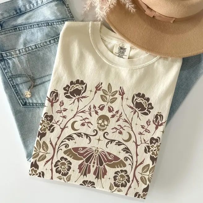 Comfort Colors Floral Skull Shirt, Moth and Moon Vintage Graphic Tee, Whimsigoth Fall Gift