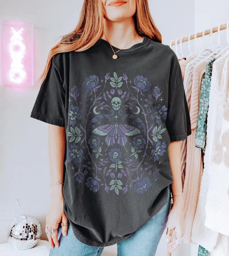 Comfort Colors Floral Skull Shirt, Moth and Moon Vintage Graphic Tee, Whimsigoth Fall Gift — photo 2