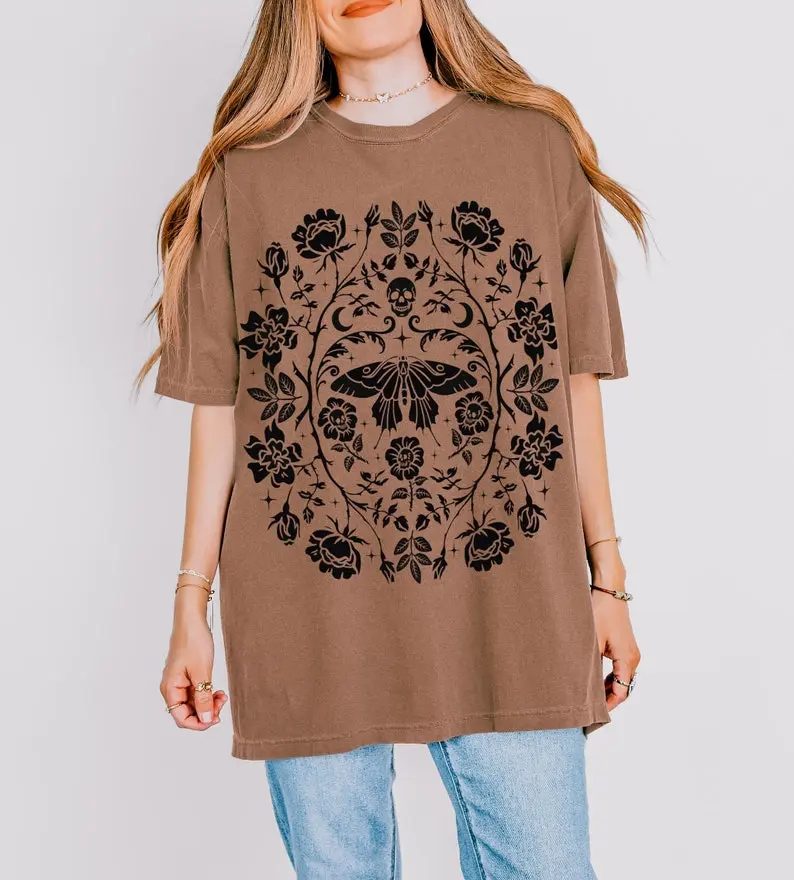 Comfort Colors Floral Skull Shirt, Moth and Moon Vintage Graphic Tee, Whimsigoth Fall Gift — photo 3