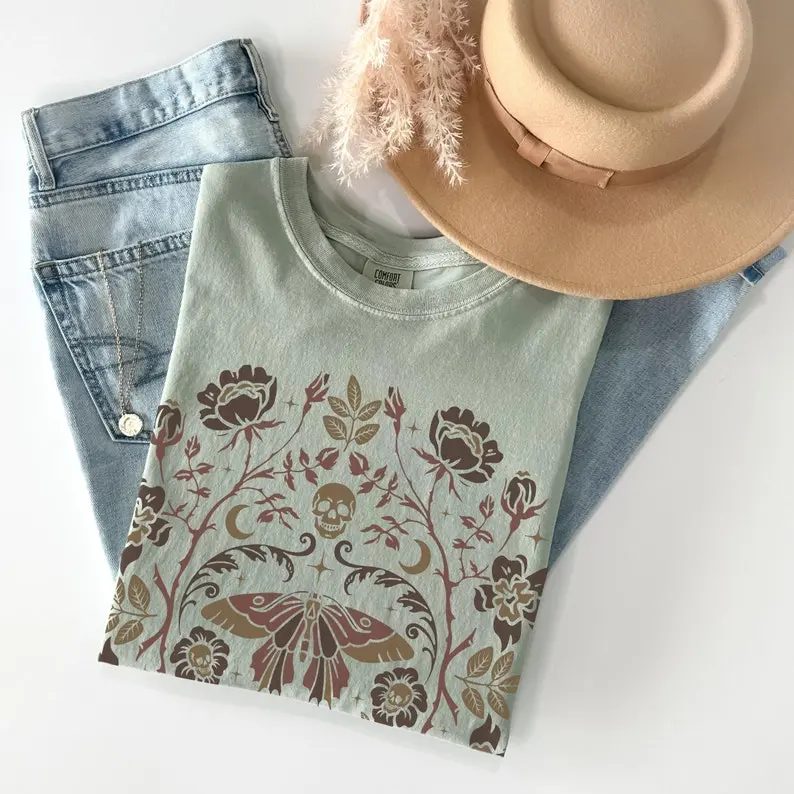 Comfort Colors Floral Skull Shirt, Moth and Moon Vintage Graphic Tee, Whimsigoth Fall Gift — photo 4