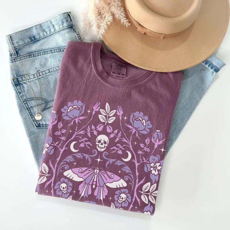 Comfort Colors Floral Skull Shirt, Moth and Moon Vintage Graphic Tee, Whimsigoth Fall Gift — photo 5