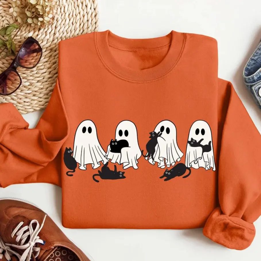 Ghost and Black Cat Sweatshirt, Halloween Crewneck for Cat People, Cozy October Gift