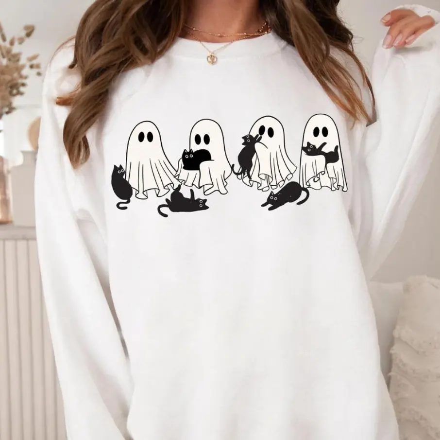 Ghost and Black Cat Sweatshirt, Halloween Crewneck for Cat People, Cozy October Gift — photo 2