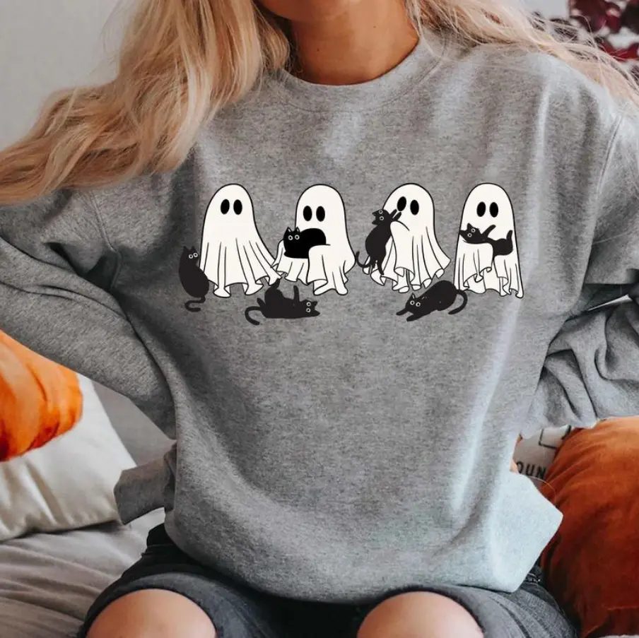 Ghost and Black Cat Sweatshirt, Halloween Crewneck for Cat People, Cozy October Gift — photo 3