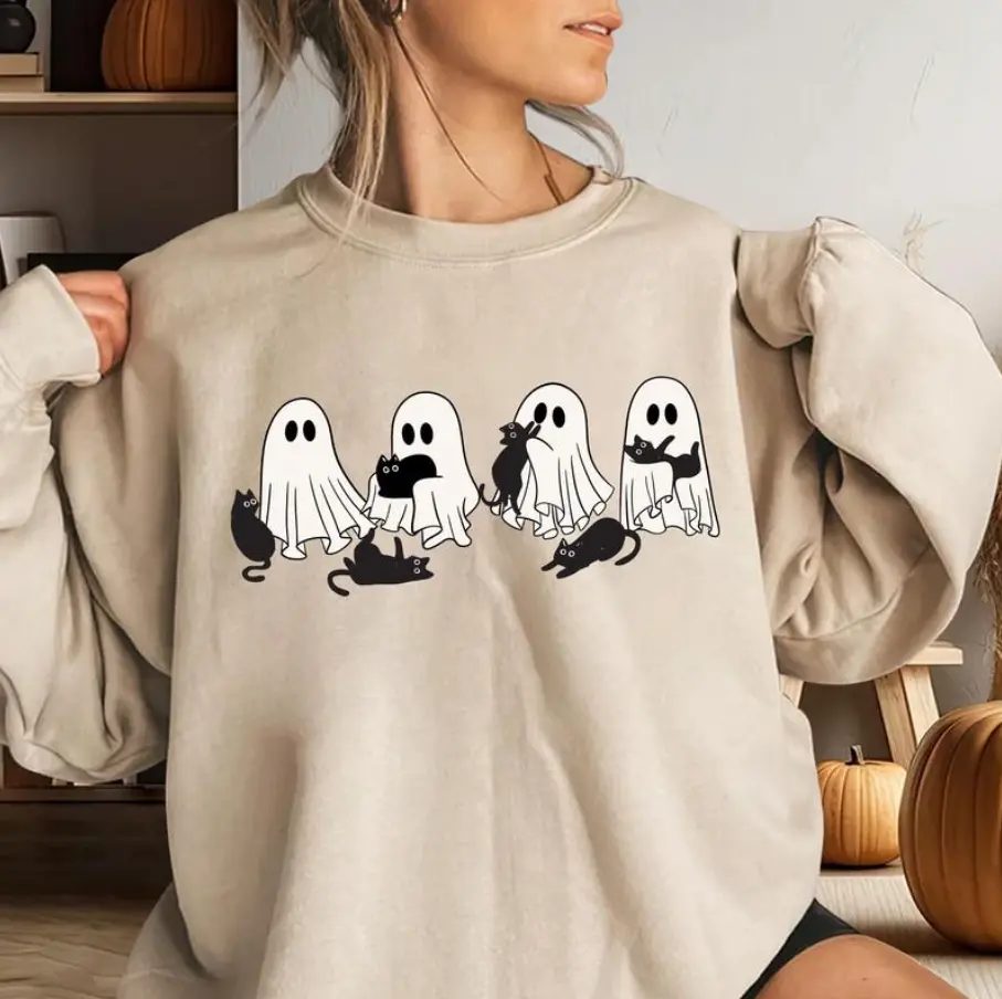 Ghost and Black Cat Sweatshirt, Halloween Crewneck for Cat People, Cozy October Gift — photo 4