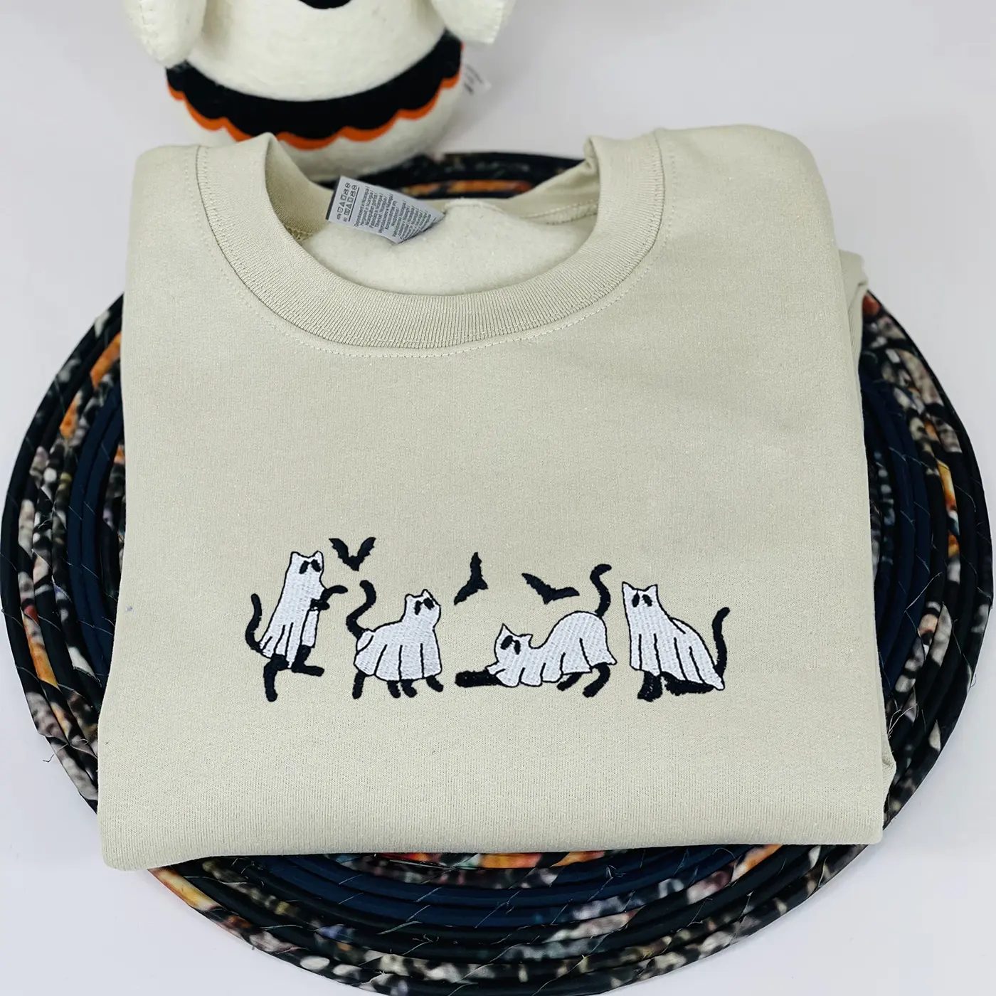 Ghost Cat Embroidered Sweatshirt, Bats Halloween Crewneck, Cute Ghost Sweatshirt, Spooky Season Gift