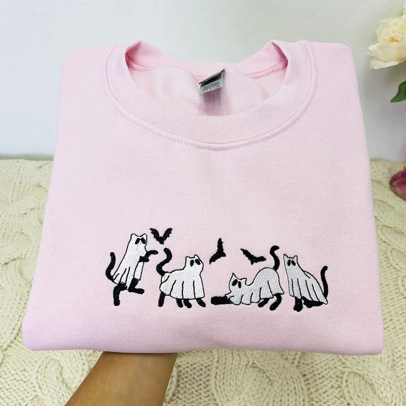 Ghost Cat Embroidered Sweatshirt, Bats Halloween Crewneck, Cute Ghost Sweatshirt, Spooky Season Gift — photo 2