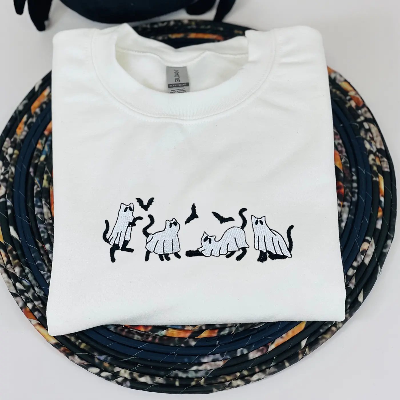 Ghost Cat Embroidered Sweatshirt, Bats Halloween Crewneck, Cute Ghost Sweatshirt, Spooky Season Gift — photo 3