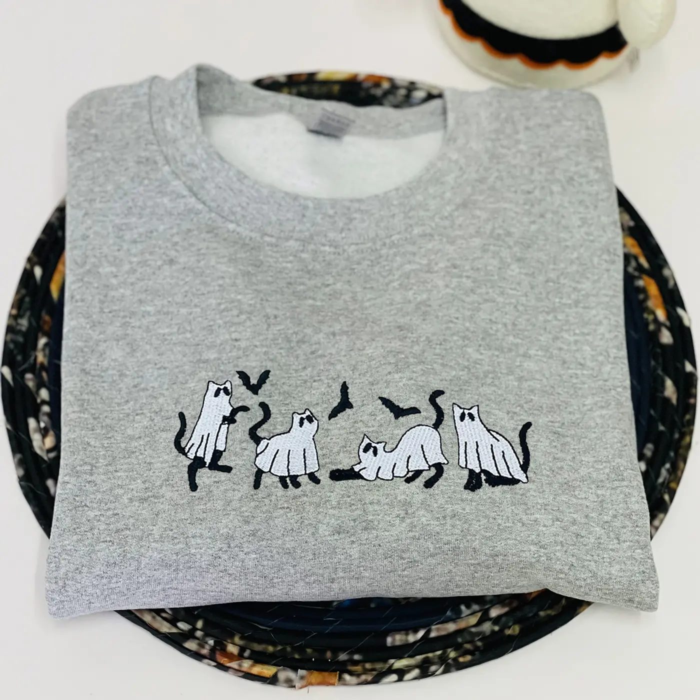 Ghost Cat Embroidered Sweatshirt, Bats Halloween Crewneck, Cute Ghost Sweatshirt, Spooky Season Gift — photo 4