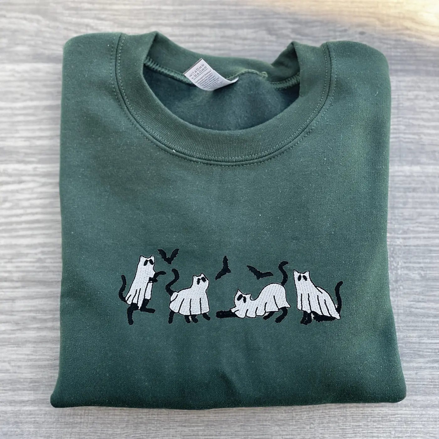 Ghost Cat Embroidered Sweatshirt, Bats Halloween Crewneck, Cute Ghost Sweatshirt, Spooky Season Gift — photo 5