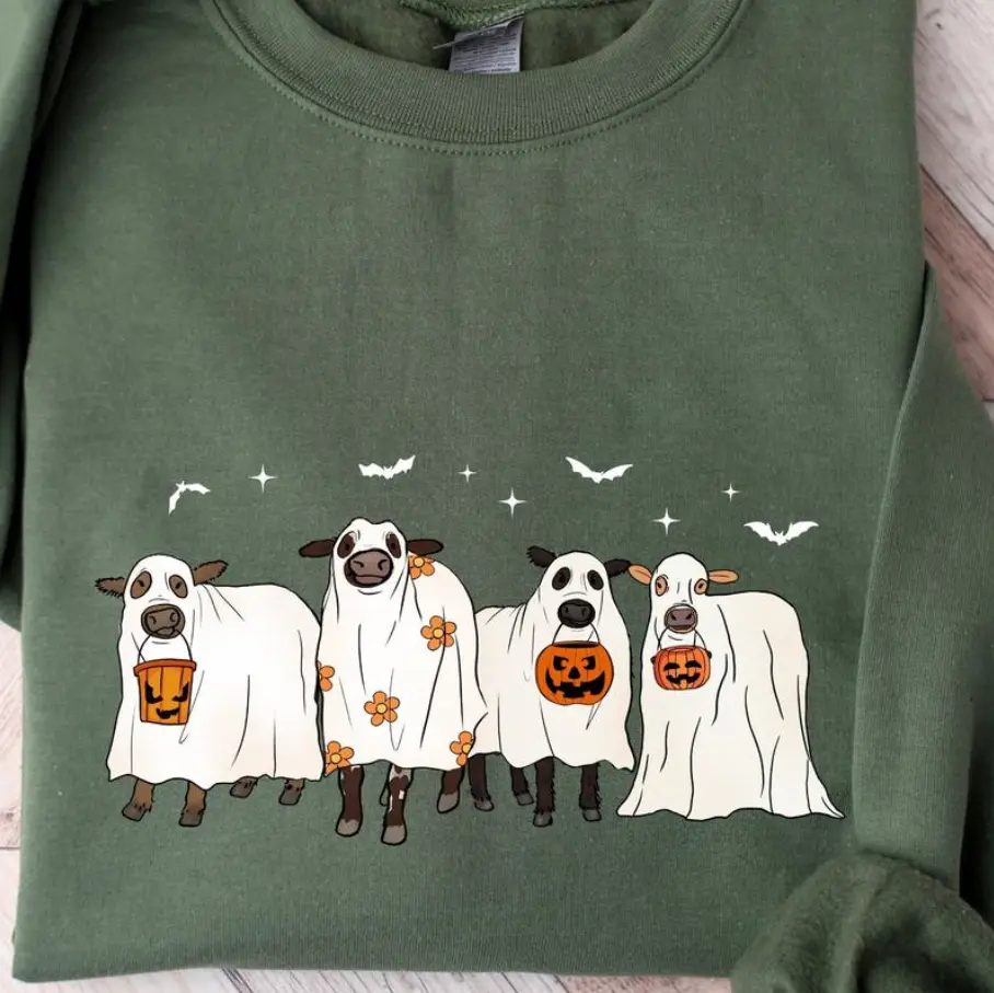 Ghost Cow Halloween Sweatshirt, Cute Ghost Sweatshirt, Trick or Treat Farm Crewneck, Fall Gift for Her