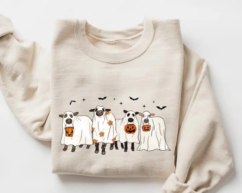 Ghost Cow Halloween Sweatshirt, Cute Ghost Sweatshirt, Trick or Treat Farm Crewneck, Fall Gift for Her — photo 2