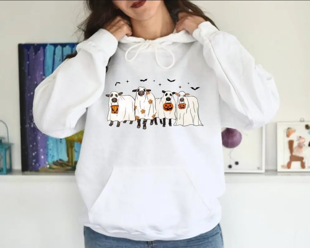 Ghost Cow Halloween Sweatshirt, Cute Ghost Sweatshirt, Trick or Treat Farm Crewneck, Fall Gift for Her — photo 3