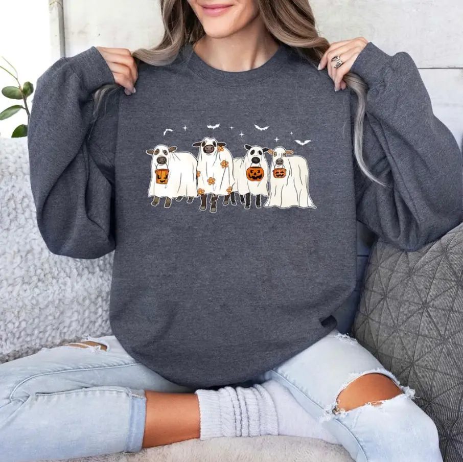 Ghost Cow Halloween Sweatshirt, Cute Ghost Sweatshirt, Trick or Treat Farm Crewneck, Fall Gift for Her — photo 4