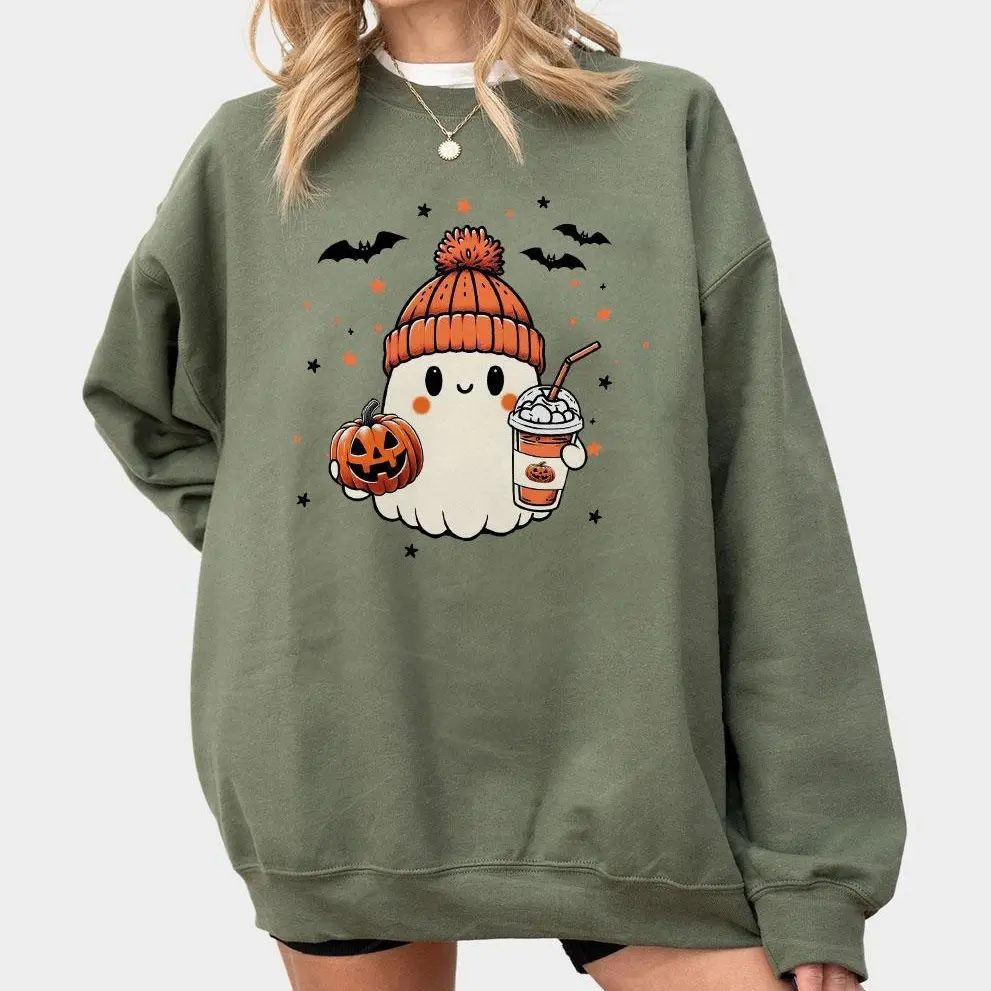 Ghost Ice Coffee Sweatshirt, Cute Ghost Sweatshirt, Pumpkin Beanie Halloween Crewneck, Cozy Fall Gift