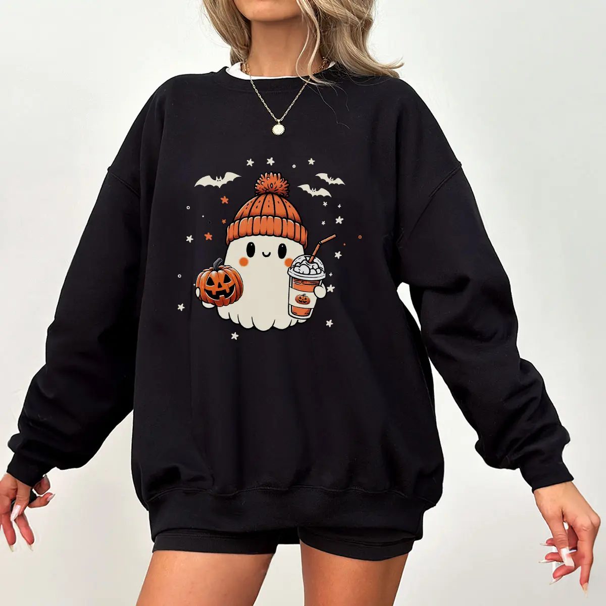Ghost Ice Coffee Sweatshirt, Cute Ghost Sweatshirt, Pumpkin Beanie Halloween Crewneck, Cozy Fall Gift — photo 4