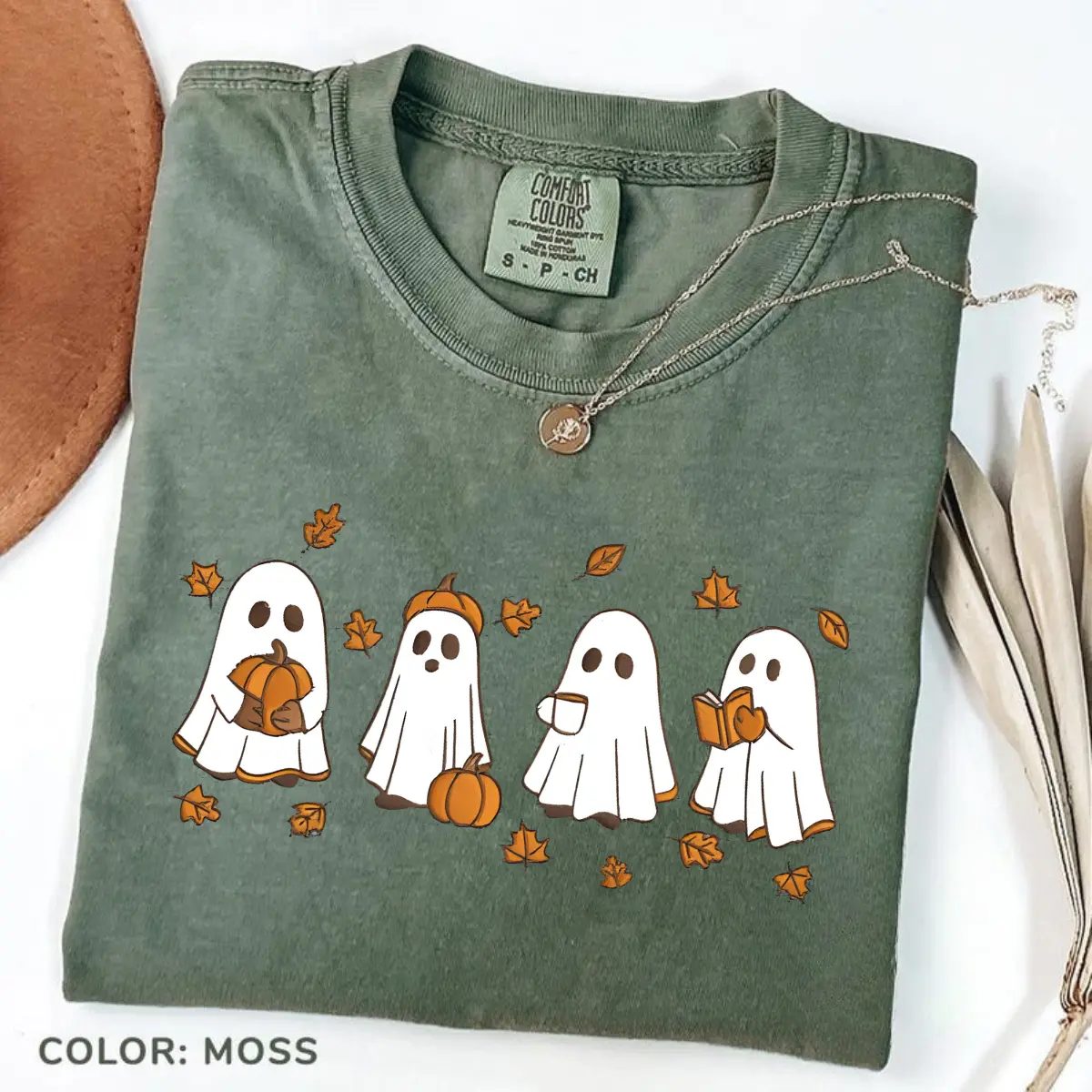 Comfort Colors Ghost Pumpkin T Shirt, Cute Fall Shirt with Little Ghosts and Lattes, Spooky Season Gift — photo 1