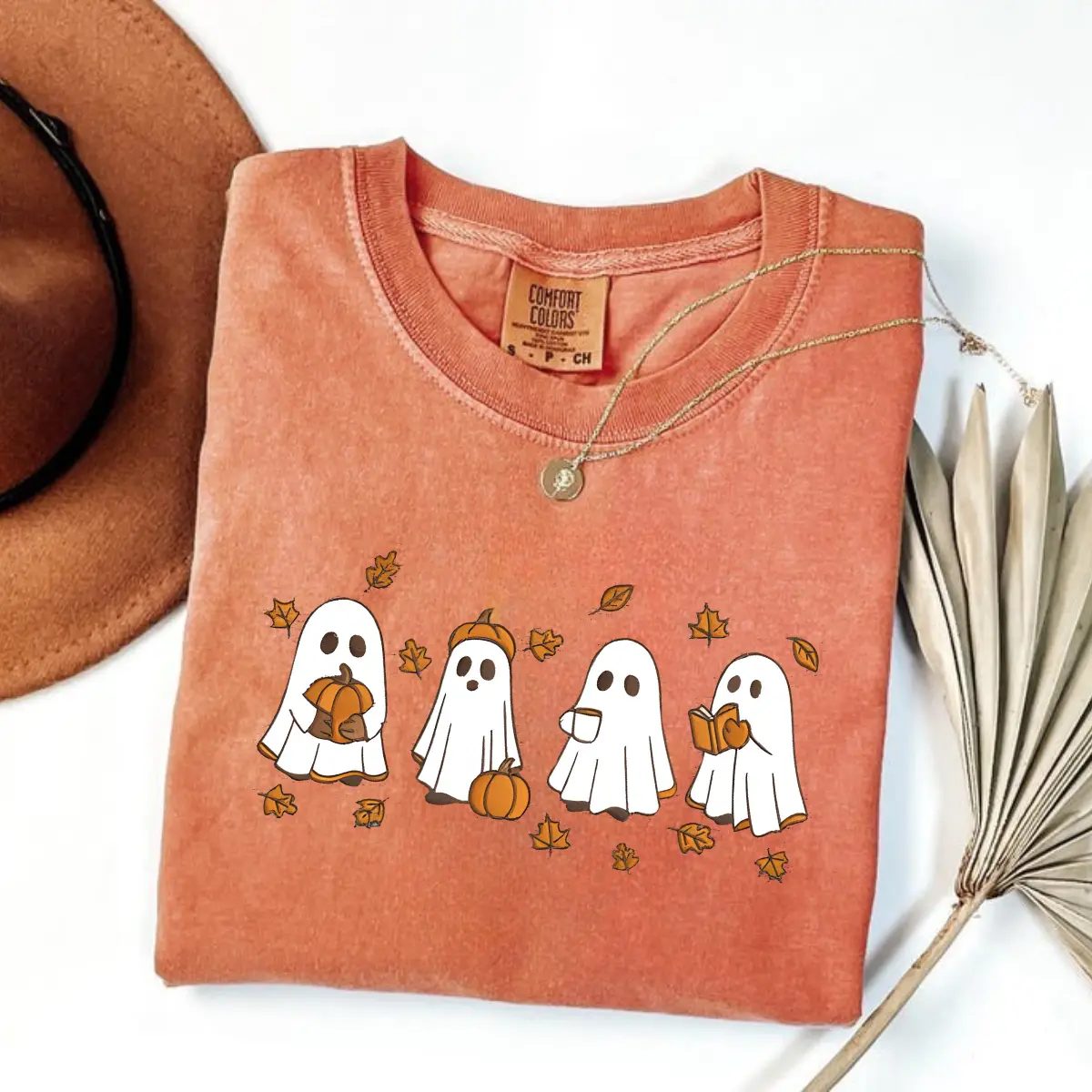Comfort Colors Ghost Pumpkin T Shirt, Cute Fall Shirt with Little Ghosts and Lattes, Spooky Season Gift — photo 2