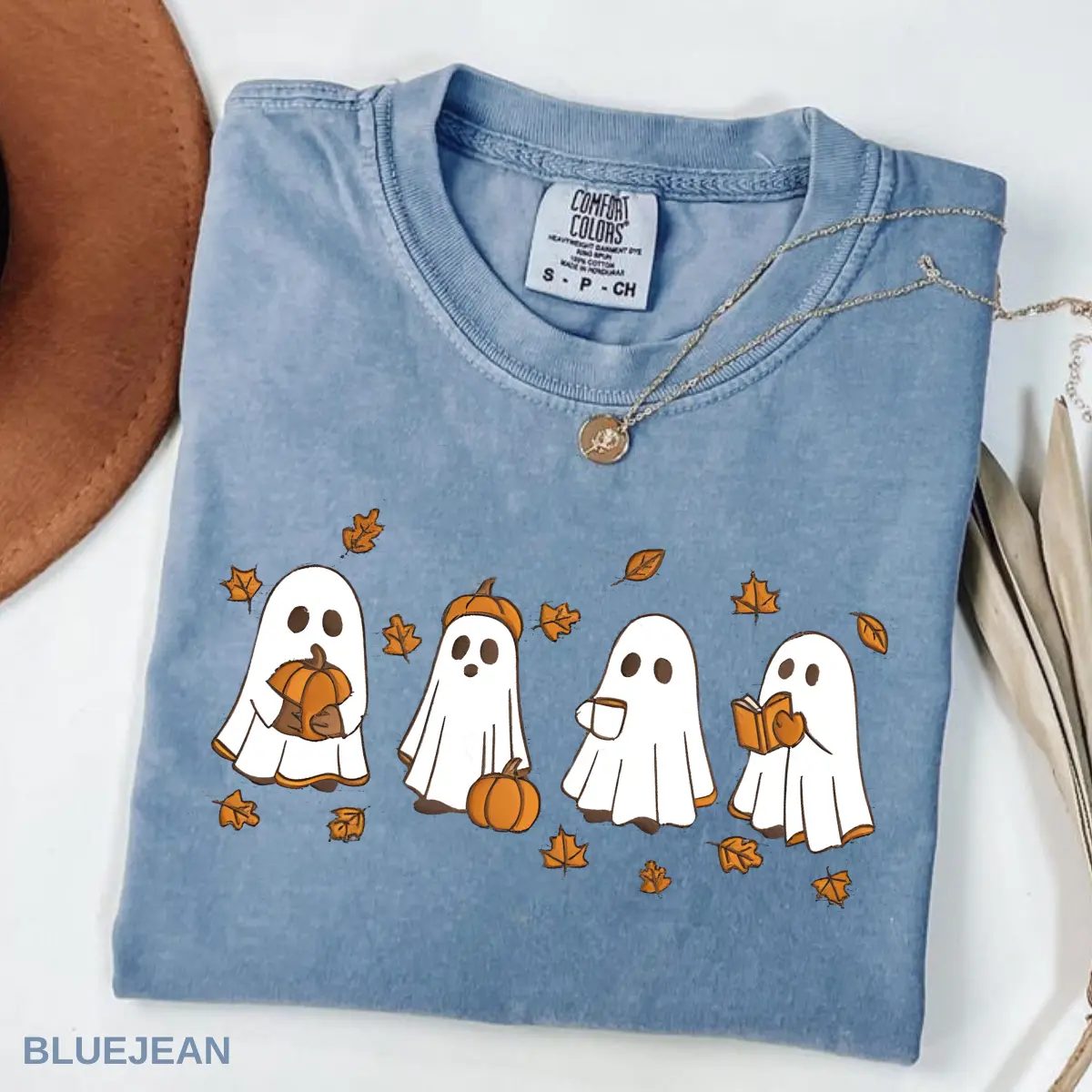 Comfort Colors Ghost Pumpkin T Shirt, Cute Fall Shirt with Little Ghosts and Lattes, Spooky Season Gift — photo 3