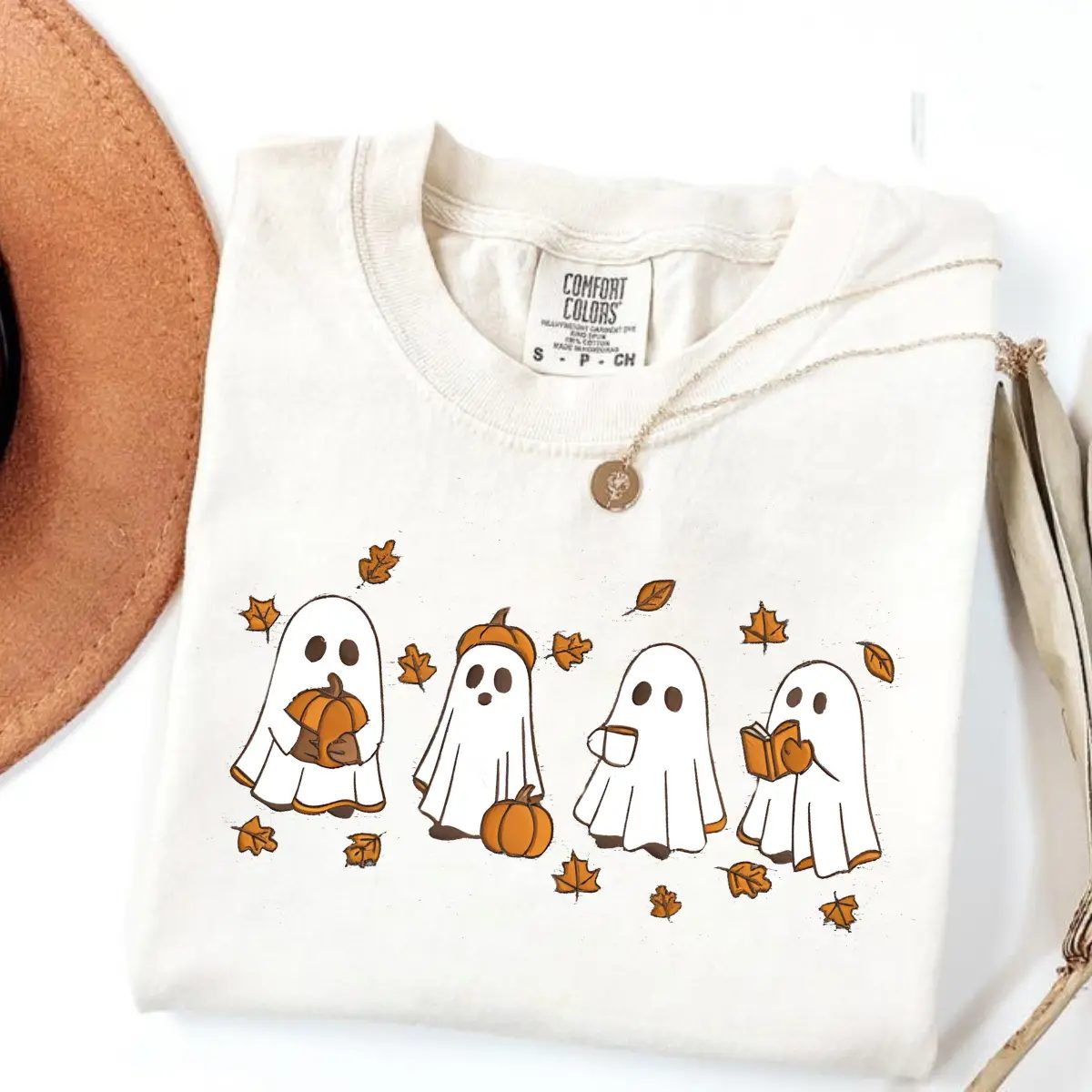 Comfort Colors Ghost Pumpkin T Shirt, Cute Fall Shirt with Little Ghosts and Lattes, Spooky Season Gift — photo 4