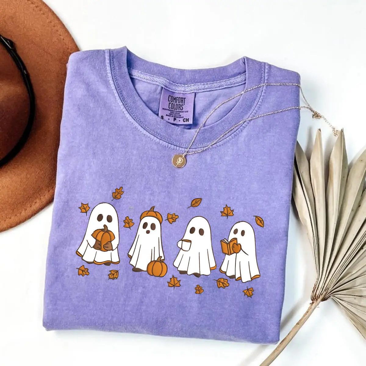 Comfort Colors Ghost Pumpkin T Shirt, Cute Fall Shirt with Little Ghosts and Lattes, Spooky Season Gift — photo 5