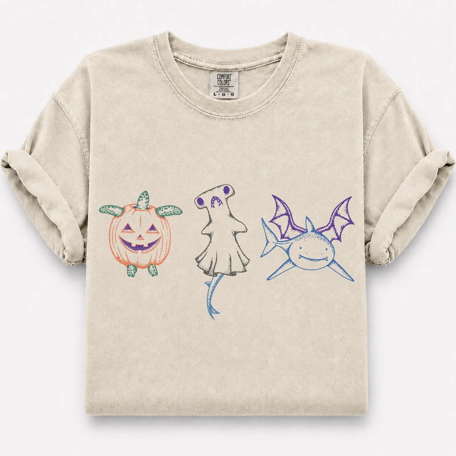 Comfort Colors Halloween Shark Shirt, Cute Ghost Shirt, Pumpkin Sea Turtle Tee, Fall Gift for Ocean Lovers