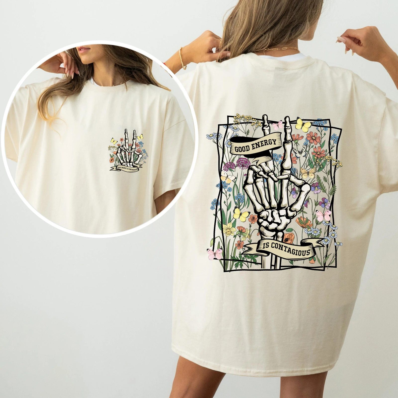 Good Energy Is Contagious Skeleton Graphic Tee, Halloween Party Shirt for Friends, Wildflower Fall Gift