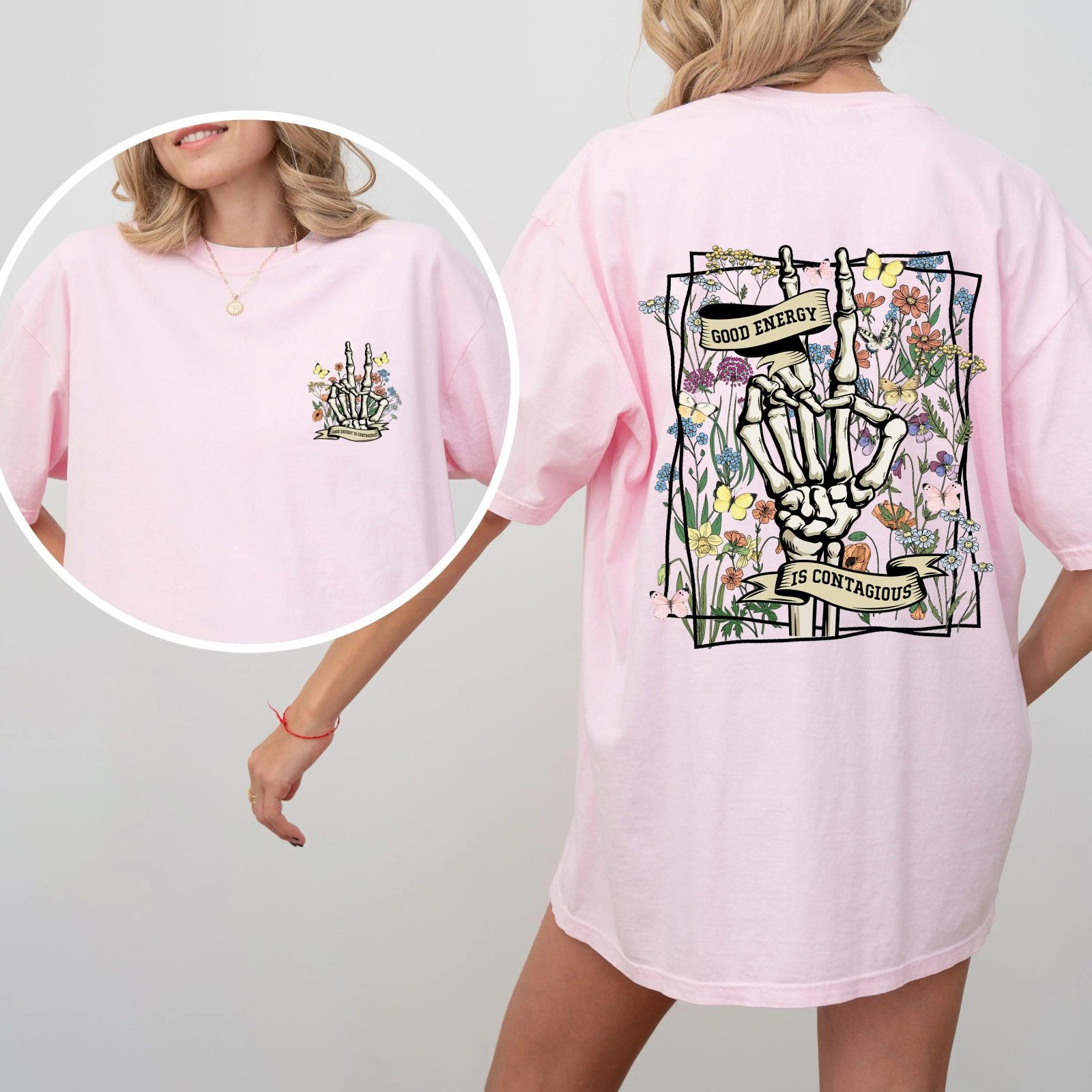 Good Energy Is Contagious Skeleton Graphic Tee, Halloween Party Shirt for Friends, Wildflower Fall Gift — photo 2