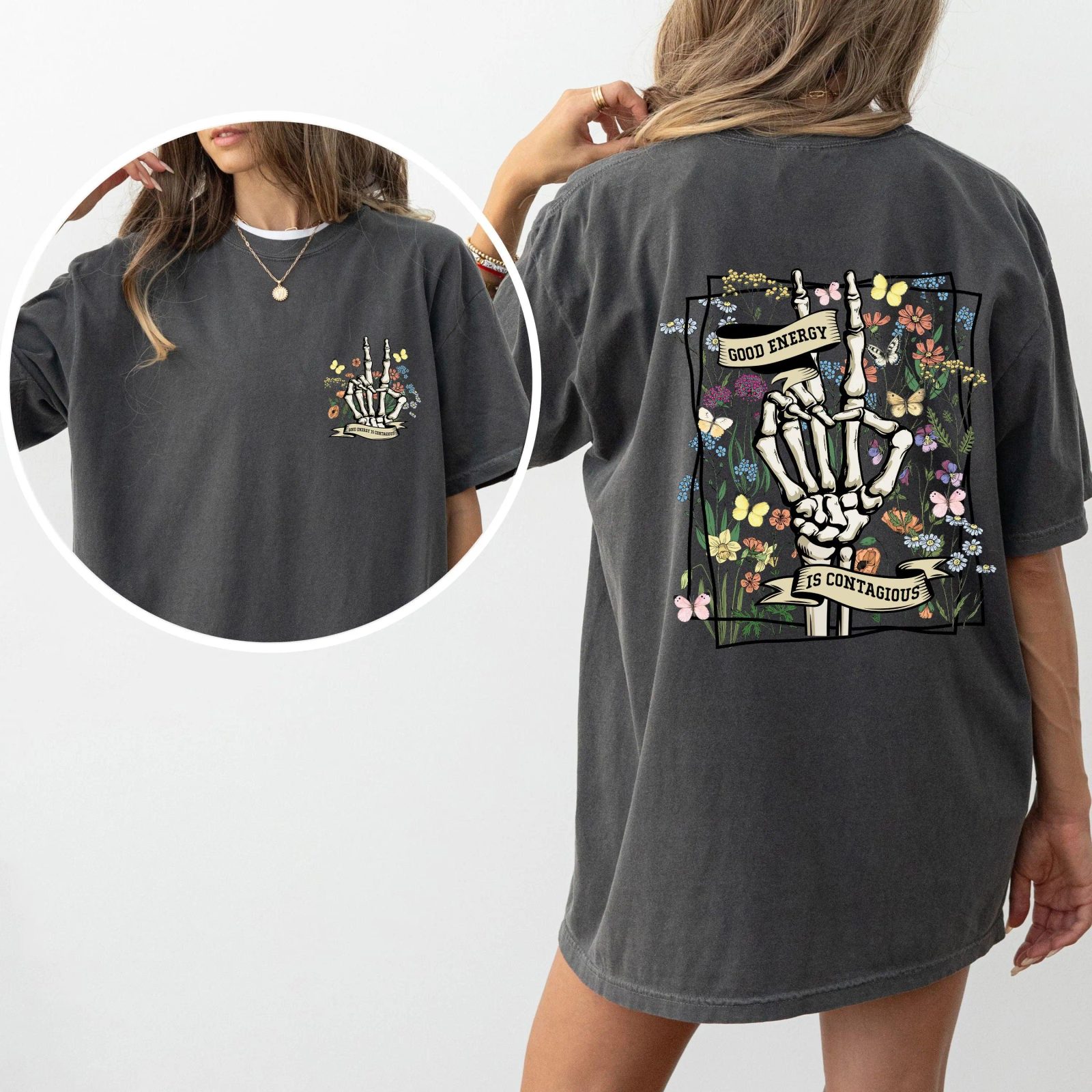 Good Energy Is Contagious Skeleton Graphic Tee, Halloween Party Shirt for Friends, Wildflower Fall Gift — photo 5