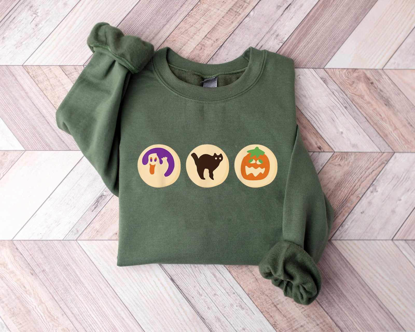 Halloween Cookie Ghost Sweatshirt, Black Cat and Pumpkin Halloween Crewneck, Cute Spooky Season Gift