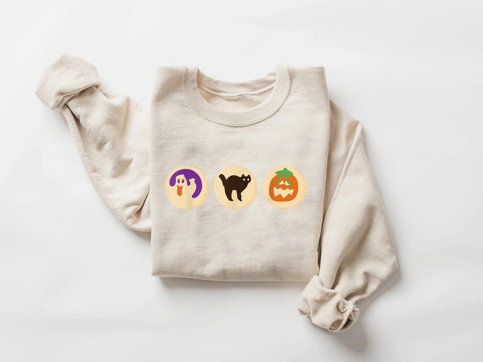 Halloween Cookie Ghost Sweatshirt, Black Cat and Pumpkin Halloween Crewneck, Cute Spooky Season Gift — photo 2