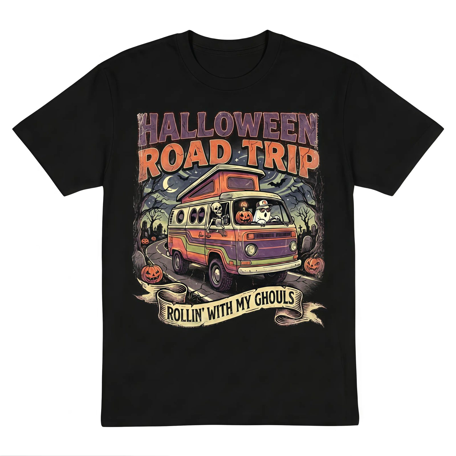 Comfort Colors Halloween Road Trip Tee, Rollin' With My Ghouls Retro Halloween Shirt, Spooky Season Gift