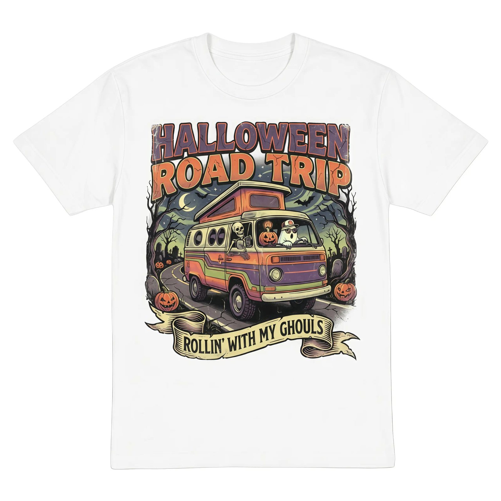 Comfort Colors Halloween Road Trip Tee, Rollin' With My Ghouls Retro Halloween Shirt, Spooky Season Gift — photo 2