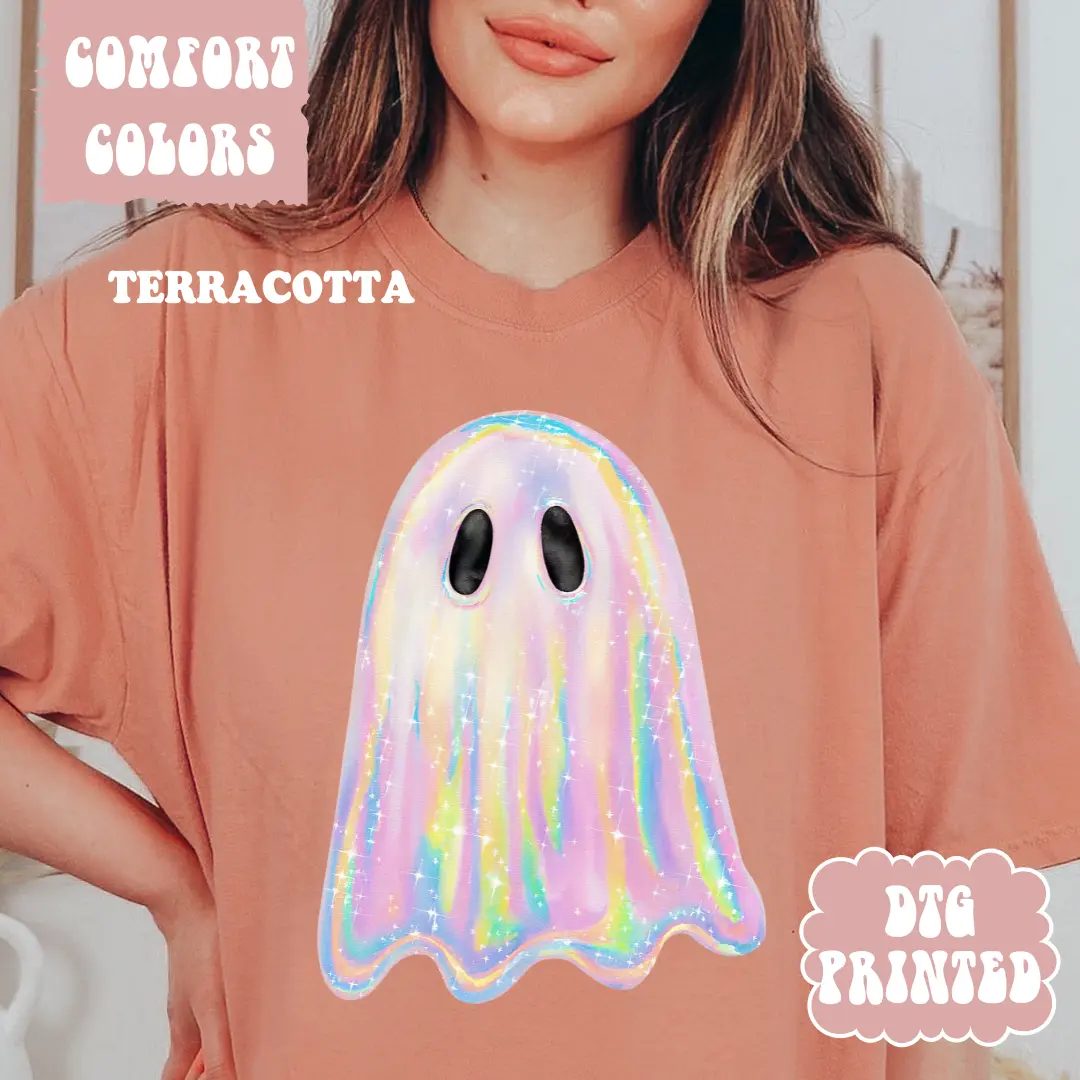 Comfort Colors Holographic Ghost Shirt, Iridescent Ghost T Shirt, Cute Halloween Shirt for Her — photo 3