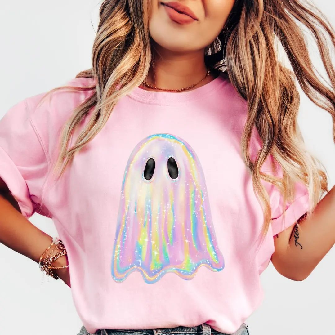 Comfort Colors Holographic Iridescent Ghost Shirt, Cute Halloween Tee for Her - photo 3