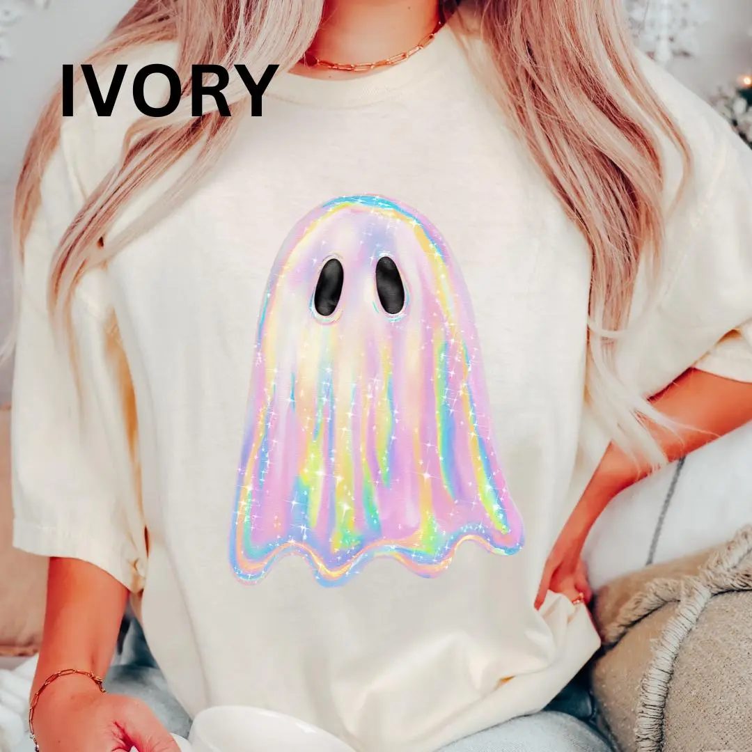 Comfort Colors Holographic Iridescent Ghost Shirt, Cute Halloween Tee for Her - photo 4