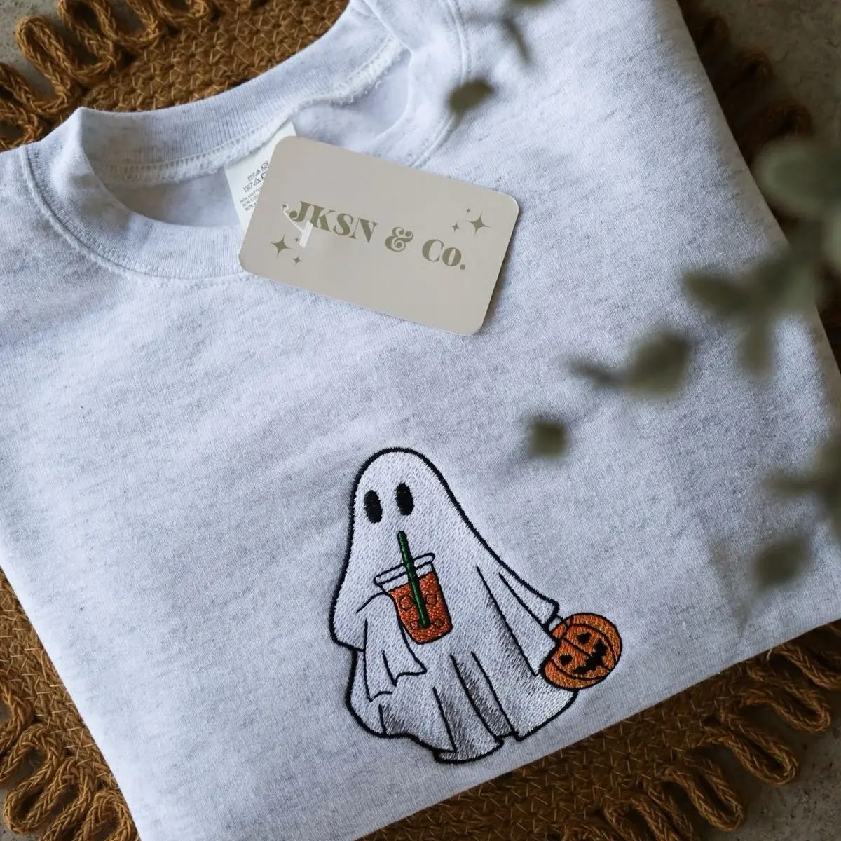 Iced Coffee Ghost Embroidered Crewneck, Cute Ghost Sweatshirt, Halloween Crewneck Gift for Her