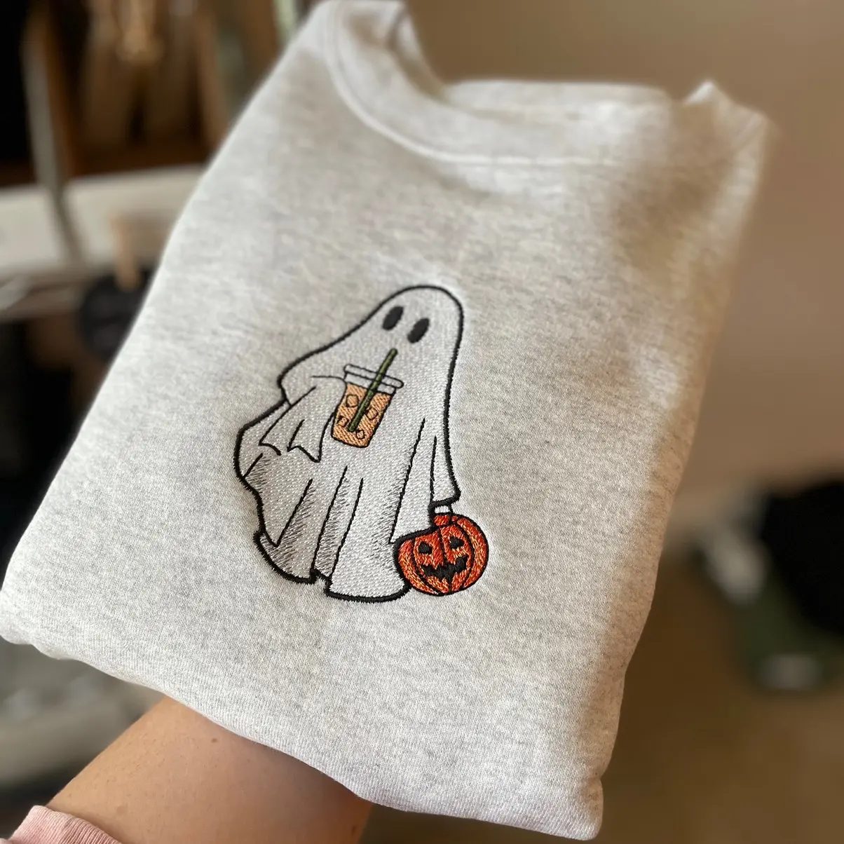 Iced Coffee Ghost Embroidered Crewneck, Cute Ghost Sweatshirt, Halloween Crewneck Gift for Her — photo 2