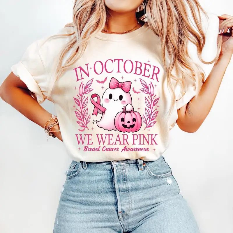 Comfort Colors In October We Wear Pink Shirt, Cute Pink Ghost Tee, Breast Cancer Awareness Gift for Her — photo 1