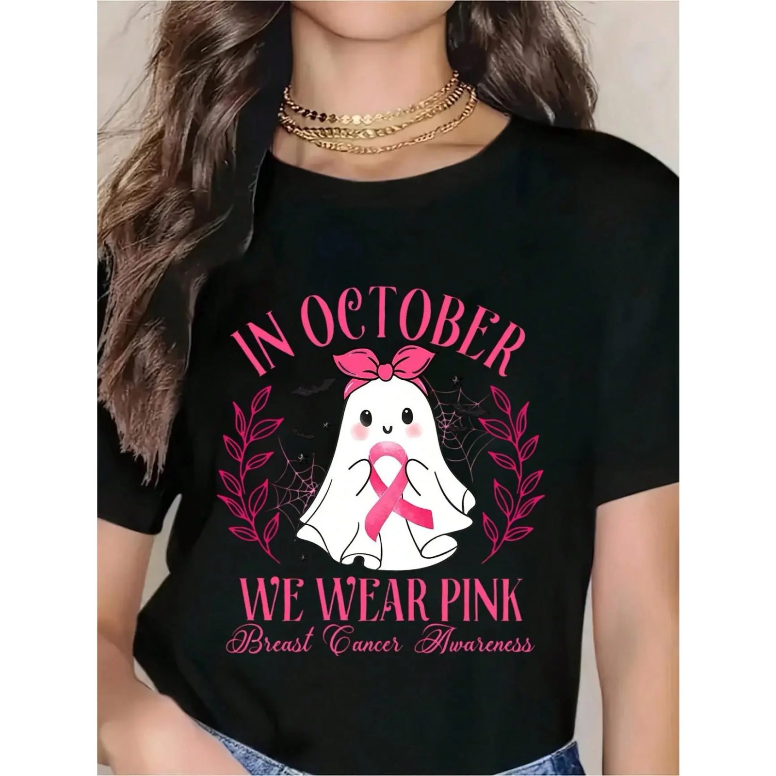 Comfort Colors In October We Wear Pink Shirt, Cute Ghost Tee with Pink Ribbon, Breast Cancer Awareness Gift for Her