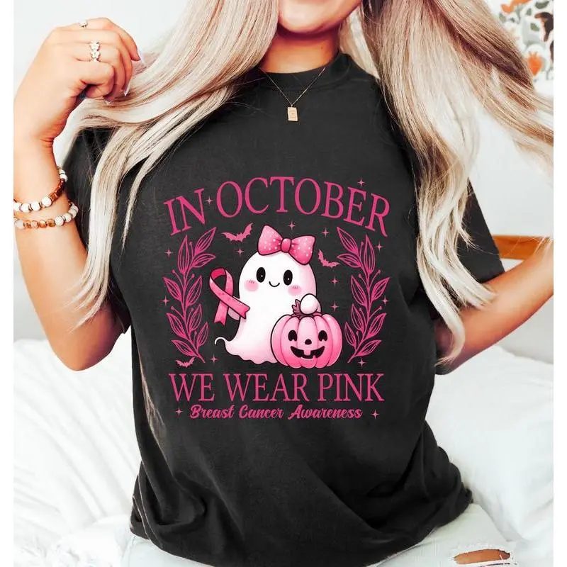 Comfort Colors In October We Wear Pink Ghost Shirt, Pink Ribbon Halloween Tee, Awareness Gift for Her