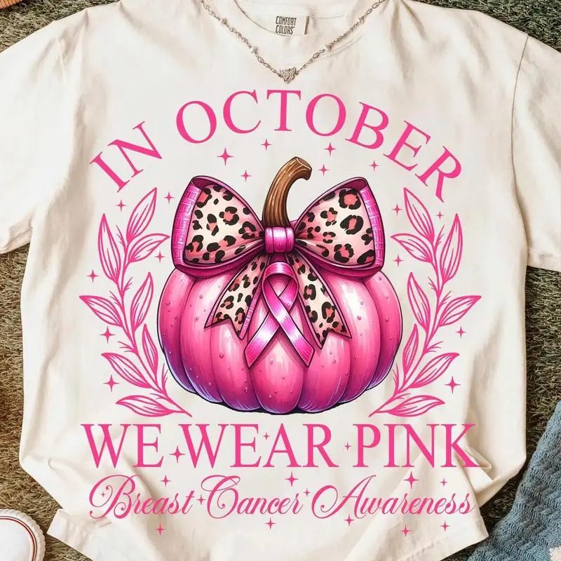 Comfort Colors In October We Wear Pink Pumpkin Shirt, Leopard Bow Pink Ribbon Shirt, Breast Cancer Awareness Gift