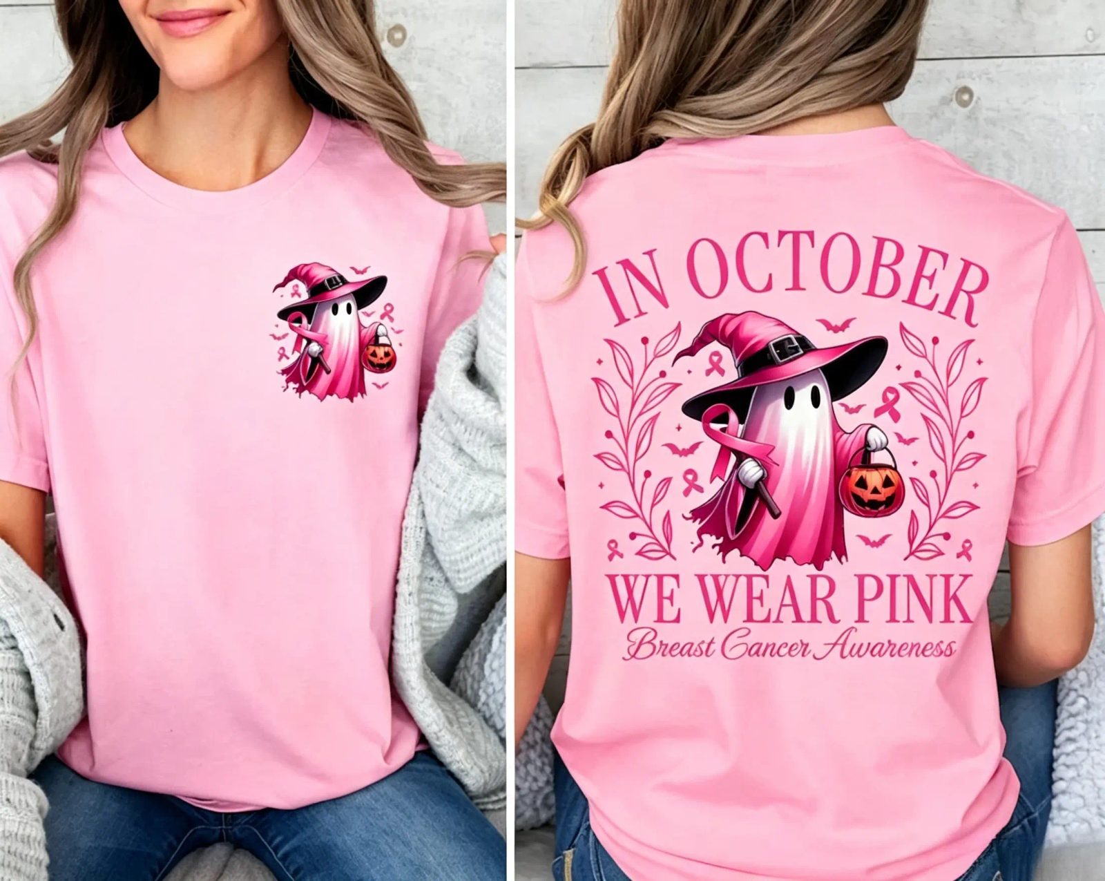 Comfort Colors In October We Wear Pink Ghost Shirt, Witch Hat Pink Ribbon Shirt, Breast Cancer Awareness Gift