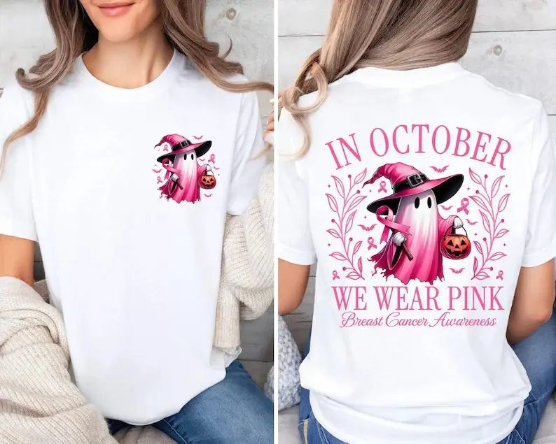 Comfort Colors In October We Wear Pink Ghost Shirt, Witch Hat Pink Ribbon Shirt, Breast Cancer Awareness Gift — photo 2